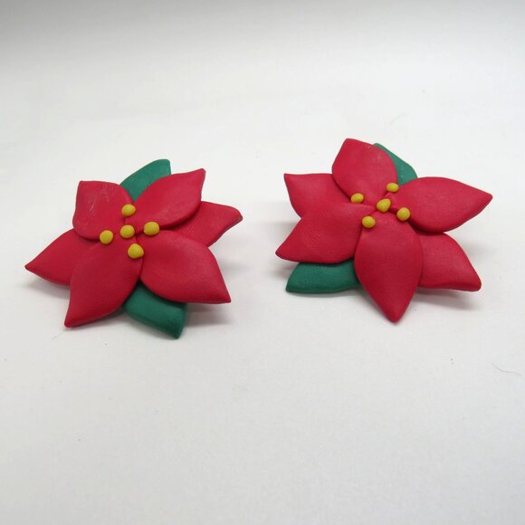 Christmas Poinsettia Brooch Earring Set Handcrafted Polymer Clay 2.5" Pin Studs - Picture 8 of 9